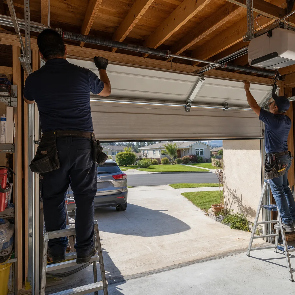 Two technicians installing a new residential garage door section