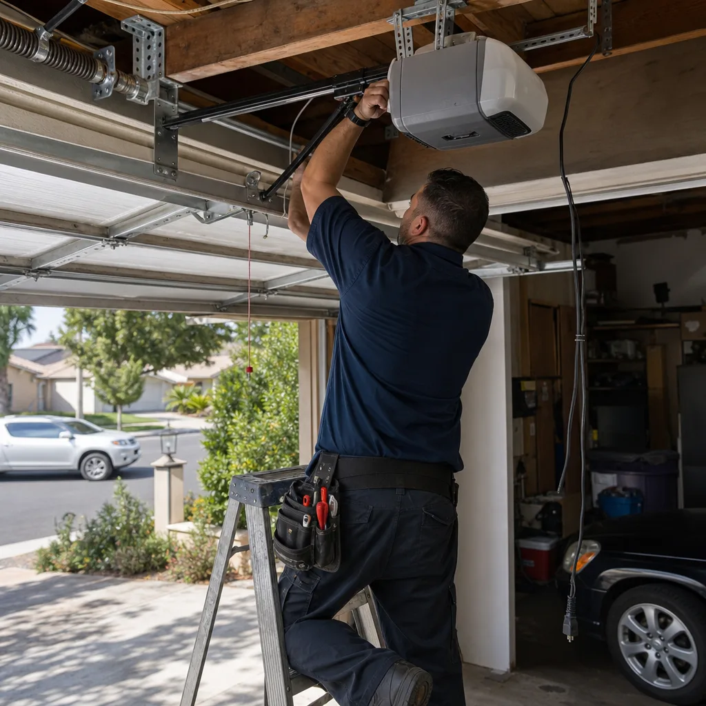 Professional technician performing garage door opener repair on a ladder