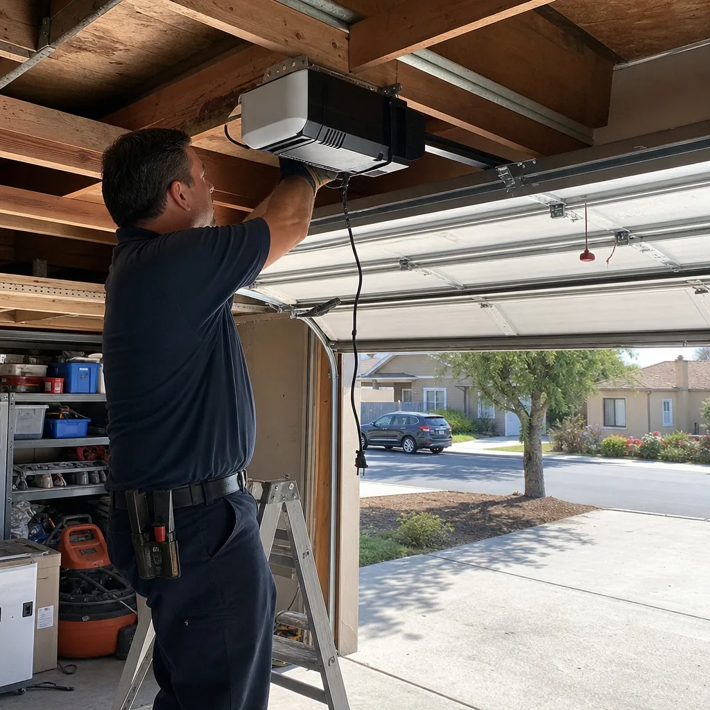 Professional technician repairing a ceiling-mounted garage door opener motor