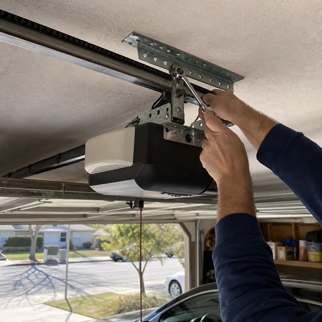 Technician performing professional garage door opener repair with a ratchet